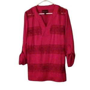 Dana Buchman Red V-Neck Lace Striped Blouse L